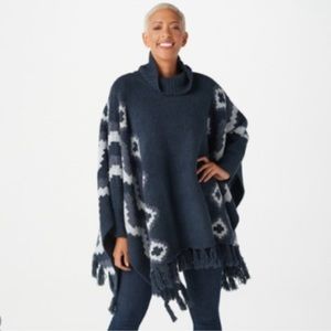 Barefoot Dreams CozyChic Mosaic Beach Poncho Sweater OS Turtleneck Navy …